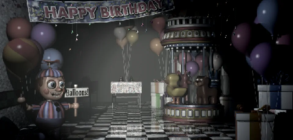 Balloon Boy on the Game Area camera, in a striped propeller cap and striped shirt, holding a balloon and a sign that reads Balloons!.