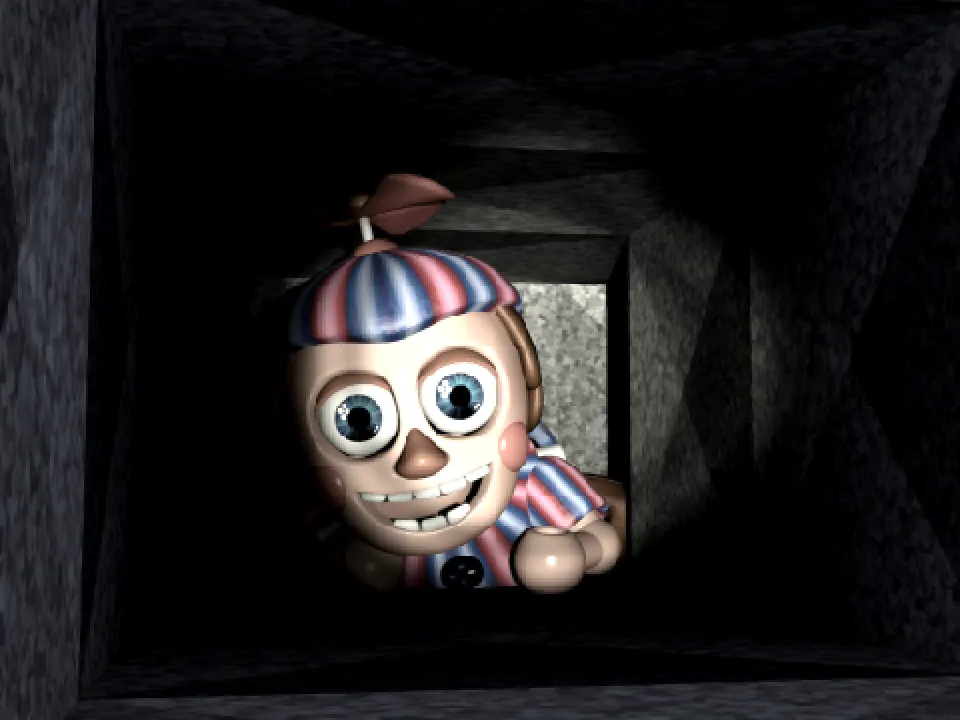 Balloon Boy's face in the left air vent, in a striped propeller cap, with a round hand and no balloon or sign.