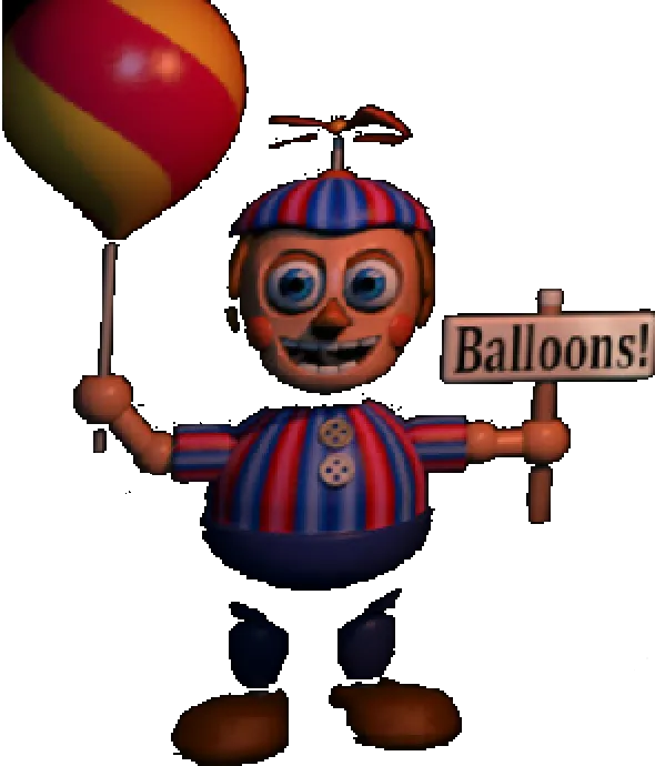 Balloon Boy holding a red-and-yellow balloon in his right hand and a sign reading Balloons! in his left.