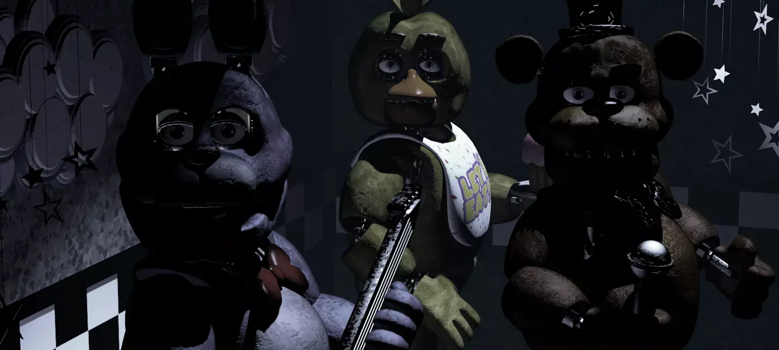 Bonnie on the left of the Show Stage camera, holding a guitar, beside Chica and Freddy Fazbear.