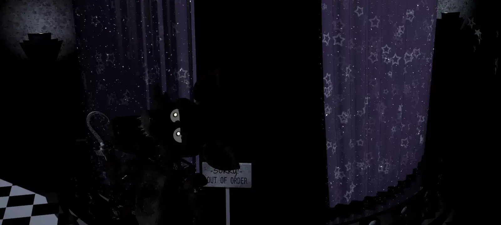 Foxy stepping out of the Pirate Cove curtain with a hook.