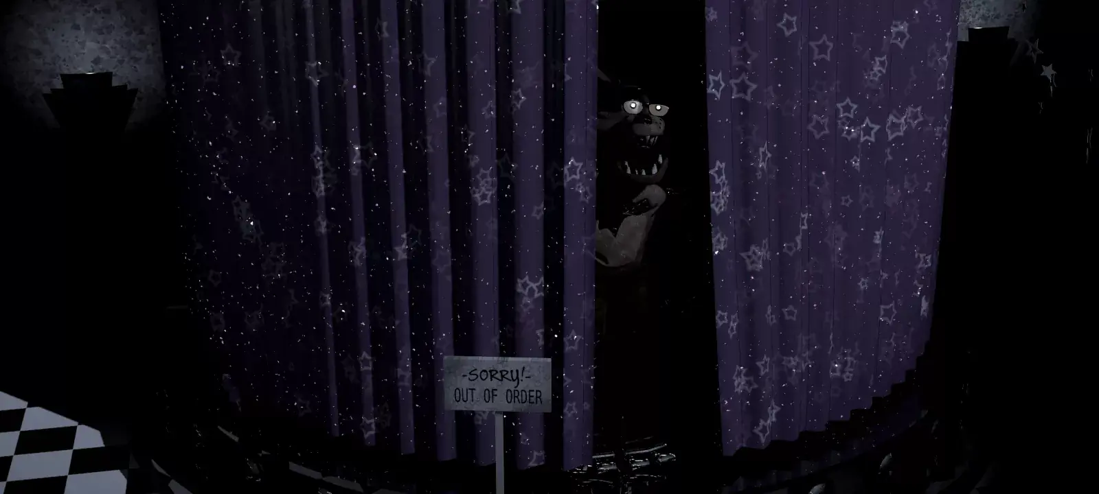 Foxy peeking through the Pirate Cove curtain. The sign reads SORRY! OUT OF ORDER.
