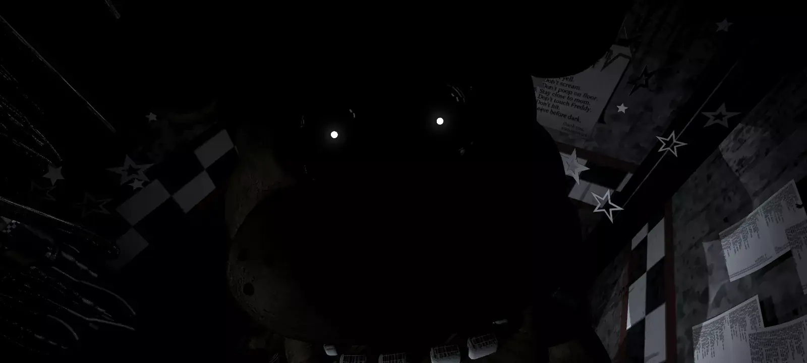 Freddy Fazbear's face filling the East Hall Corner camera, with two white points in the eyes.