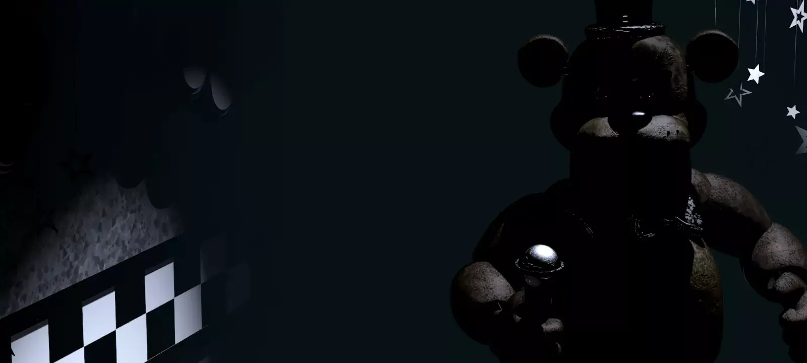 Freddy Fazbear alone on the right of the Show Stage, in a black top hat, holding a microphone.