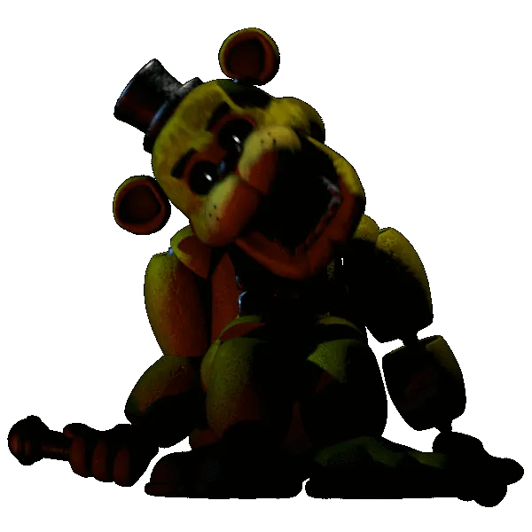 Golden Freddy sitting slumped, a yellow bear in a black top hat and black bow tie, jaw open.