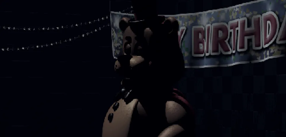 Toy Freddy alone on the dark Show Stage, still wearing a black top hat and bow tie.