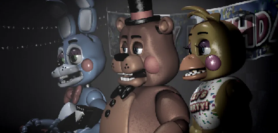 Toy Freddy in the center of the lit Show Stage, a brown bear in a black top hat with a red band, beside a blue rabbit and a yellow chicken.