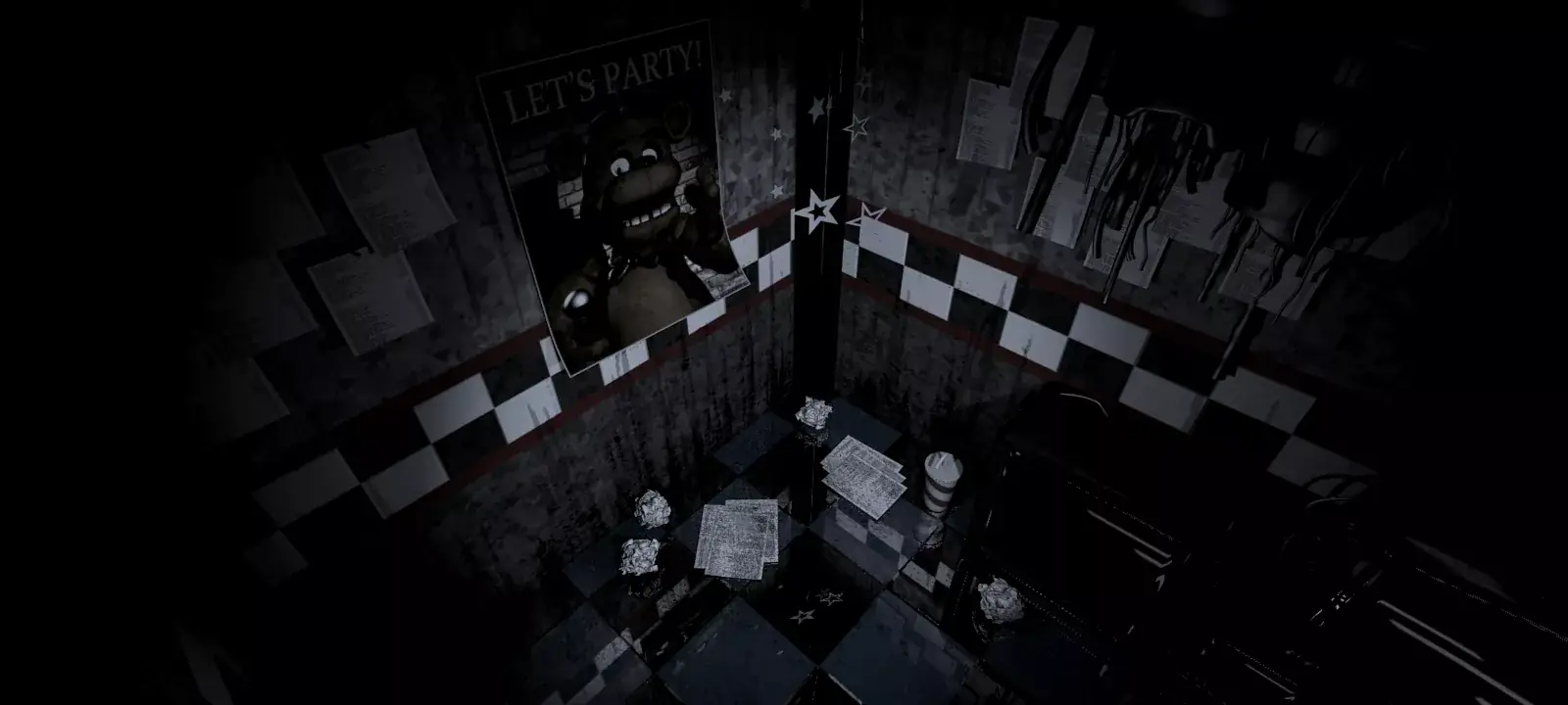 West Hall Corner camera. The wall poster shows Freddy under the words LET'S PARTY!
